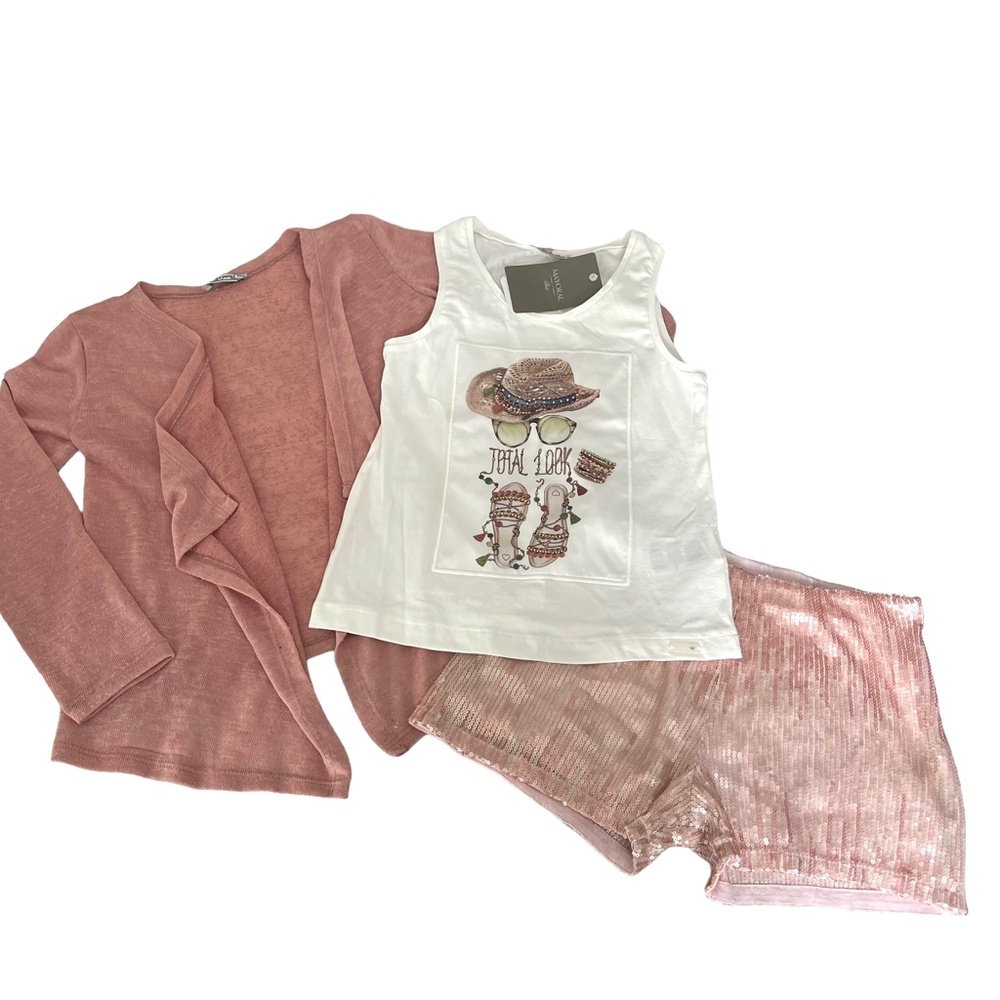 Mayoral Outfit - Sequin Shorts, NWT Top,  Drape Cardigan sz 8